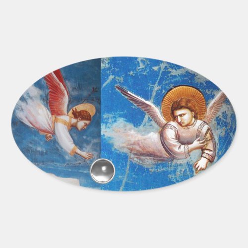 FLYING CHRISTMAS ANGELS IN BLUE SKY HOLIDAY PARTY OVAL STICKER