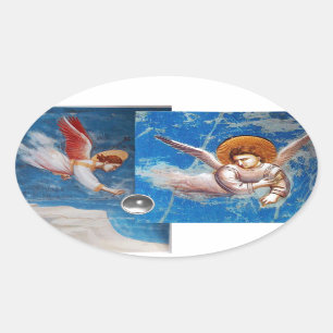 FLYING CHRISTMAS ANGELS IN BLUE SKY HOLIDAY PARTY OVAL STICKER