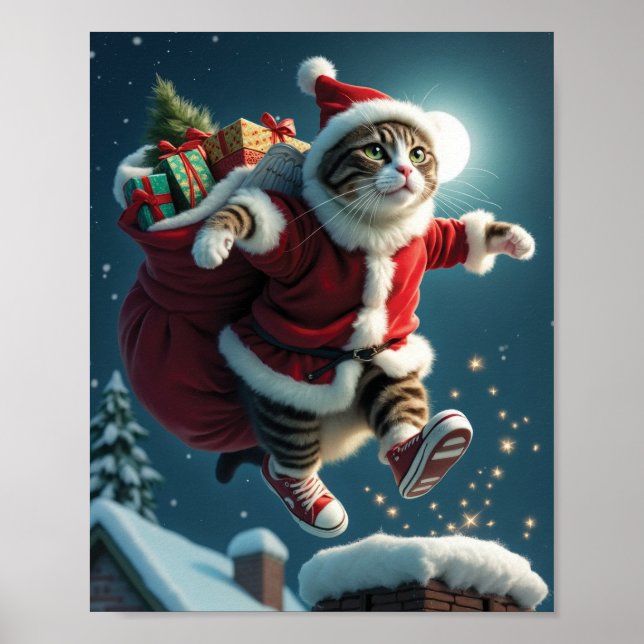Flying Christmas Cat Santa with Gifts and Magic Poster (Front)