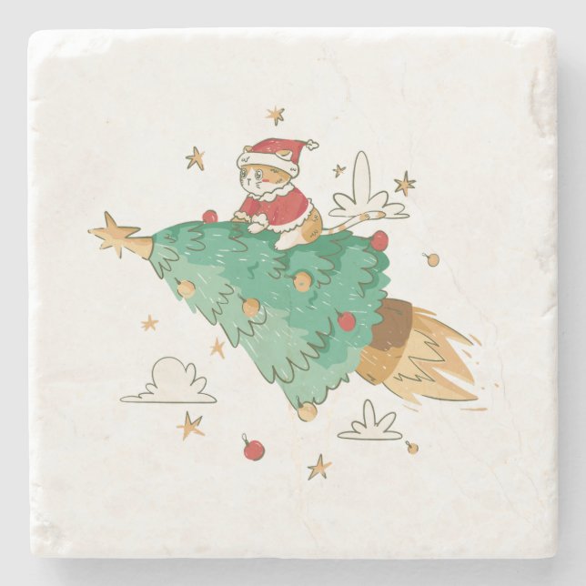 Flying Christmas Tree Santa Cat Stone Coaster (Front)