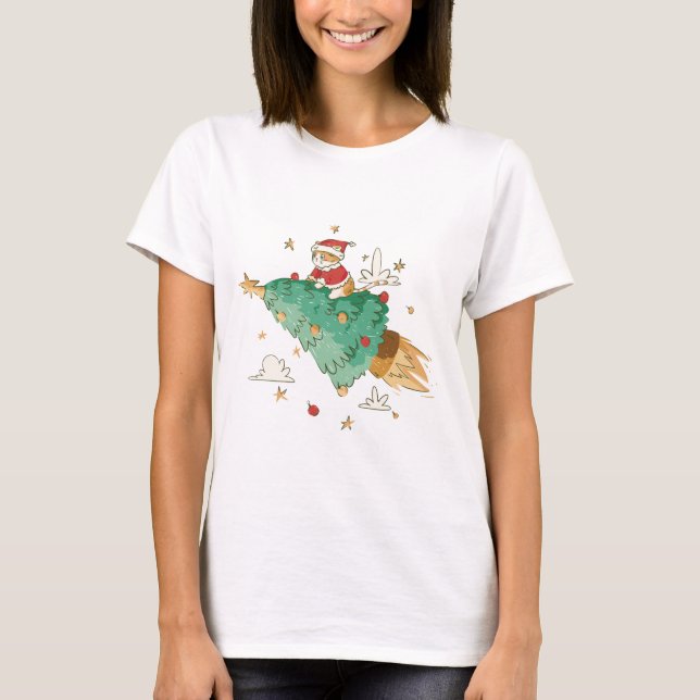 Flying Christmas Tree Santa Cat T-Shirt (Front)