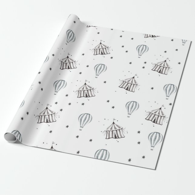 Flying Circus & Hot Air Balloon Watercolor Nursery Wrapping Paper (Unrolled)