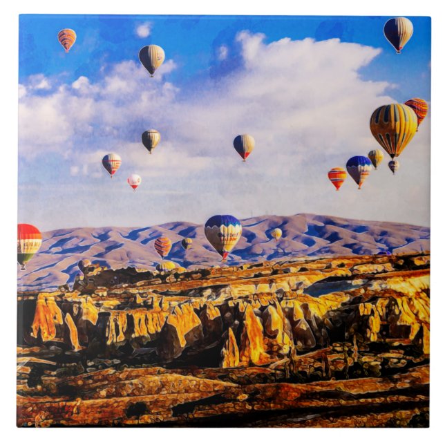 Flying colorful air balloons.  Cappadocia, Turkey. Ceramic Tile (Front)