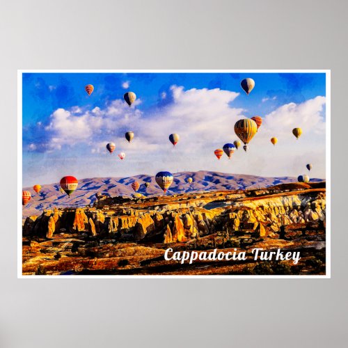 Flying colorful air balloons  Cappadocia Turkey Poster
