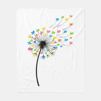 Flying colorful birds dandelion flow fleece blanket
