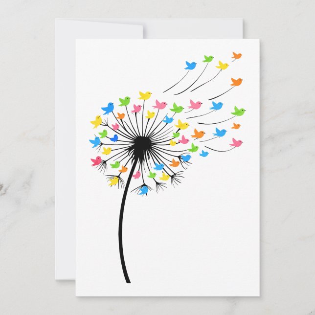 Flying colorful birds dandelion flow invitation (Front)