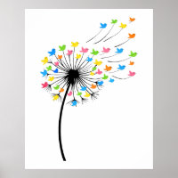 Flying colorful birds dandelion flow