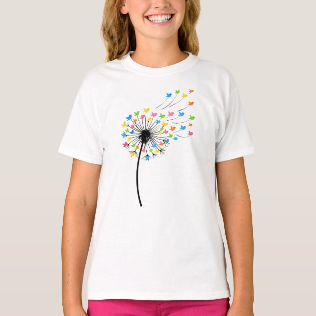Flying colorful birds dandelion flow T-Shirt (Front)