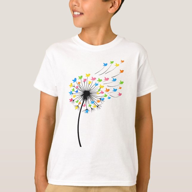 Flying colorful birds dandelion flow T-Shirt (Front)