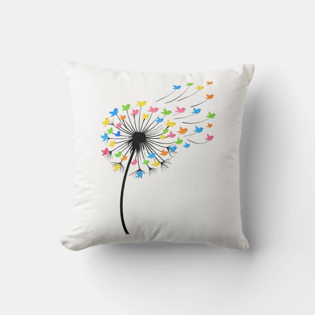 Flying colorful birds dandelion flow throw pillow (Front)