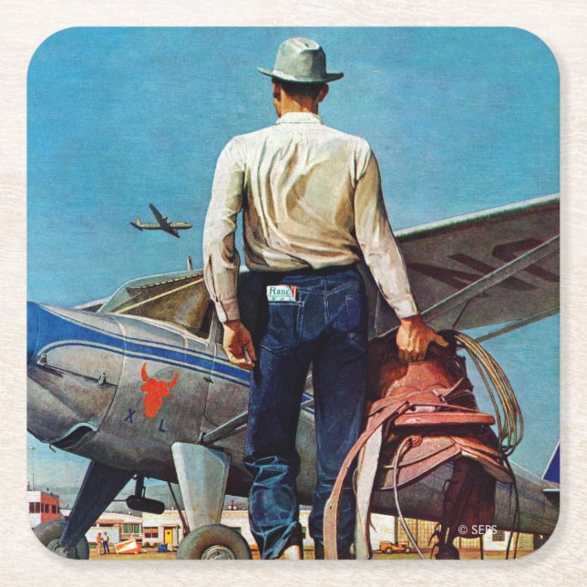 Flying Cowboy by Mead Schaeffer Square Paper Coaster (Front)