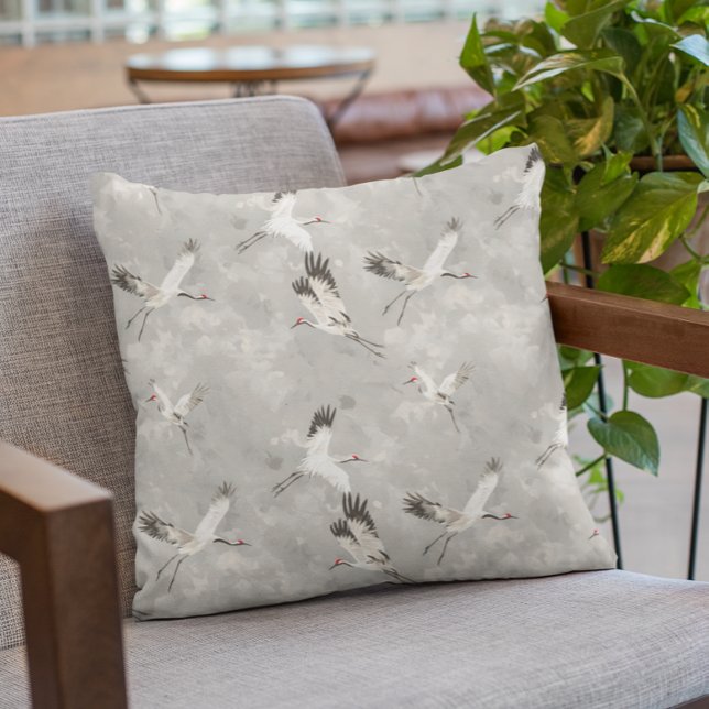 Flying Crane Bird Grey  Throw Pillow (Creator Uploaded)