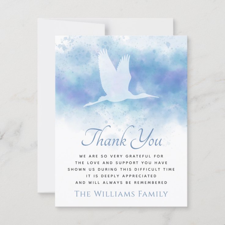 Flying crane funeral sympathy thank you card Zazzle