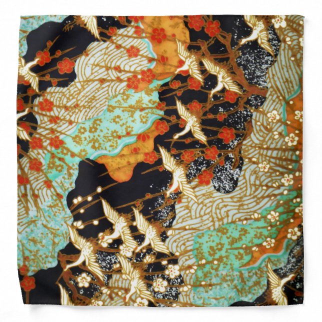 FLYING CRANES AND SPRING FLOWERS Japanese Floral Bandana (Front)