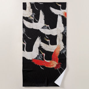 Flying Cranes: Japanese Bird Kimono Art Beach Towel