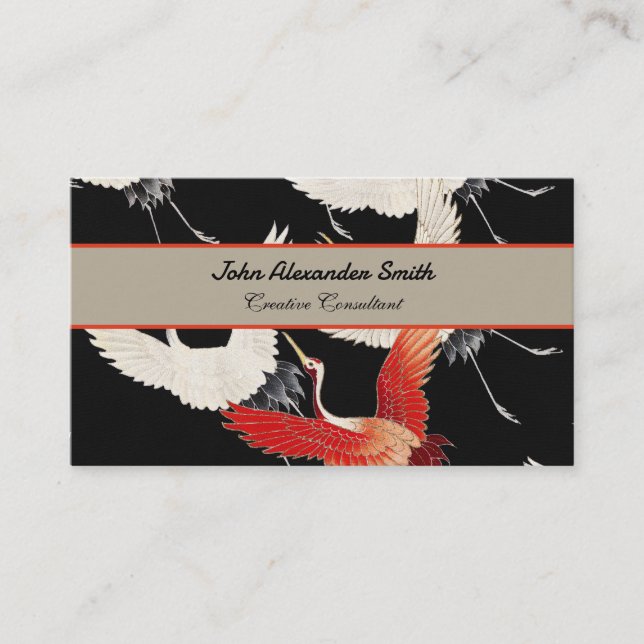 Flying Cranes Japanese Bird Kimono Art Business Card (Front)