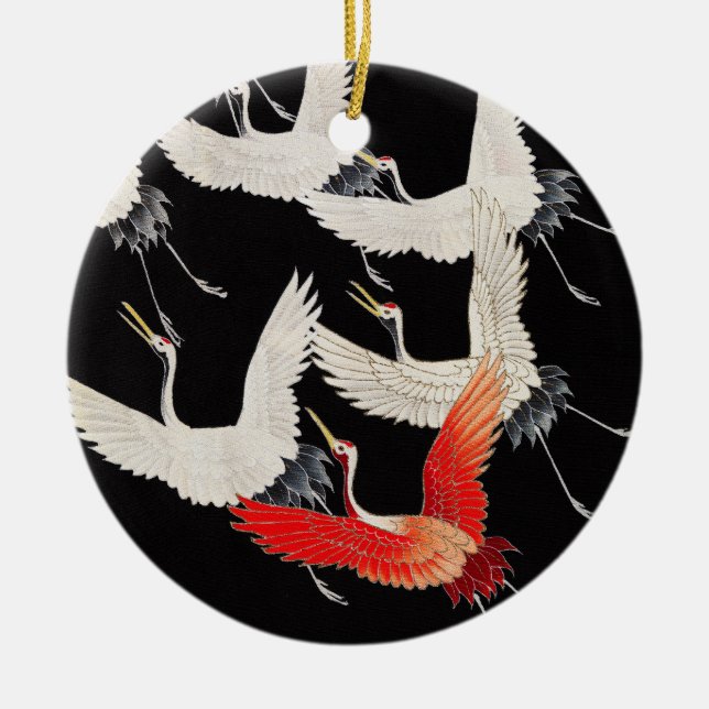 Flying Cranes: Japanese Bird Kimono Art Ceramic Ornament (Front)