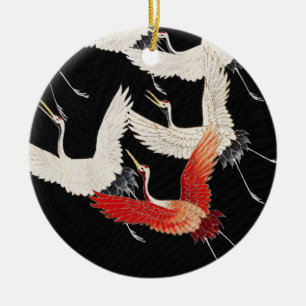 Flying Cranes Japanese Bird Kimono Art Ceramic Ornament