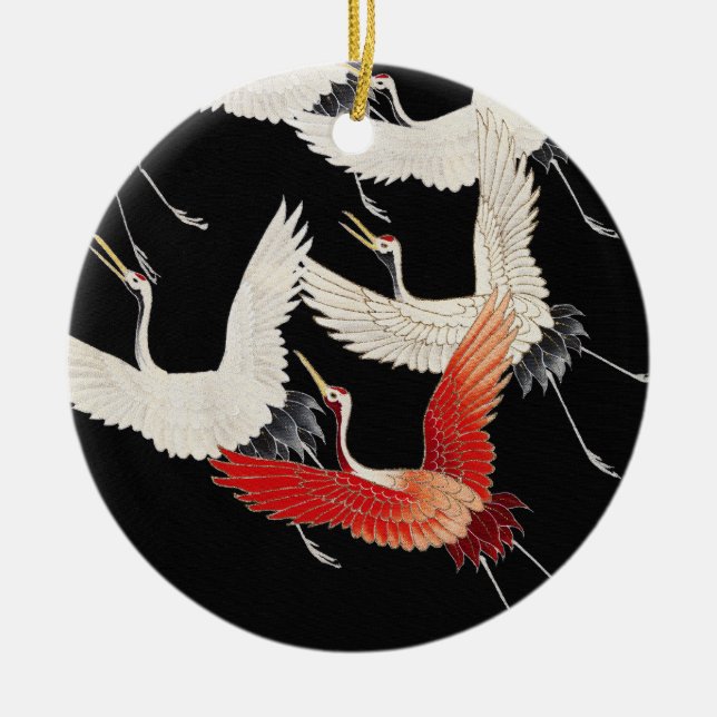 Flying Cranes Japanese Bird Kimono Art Ceramic Ornament (Front)