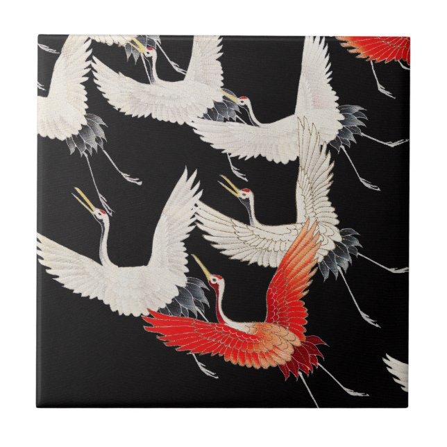 Flying Cranes: Japanese Bird Kimono Art Ceramic Tile (Front)