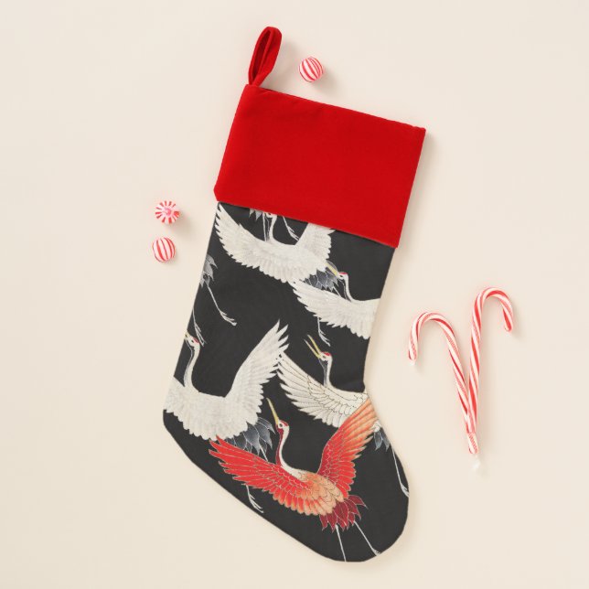 Flying Cranes: Japanese Bird Kimono Art Christmas Stocking (Front)