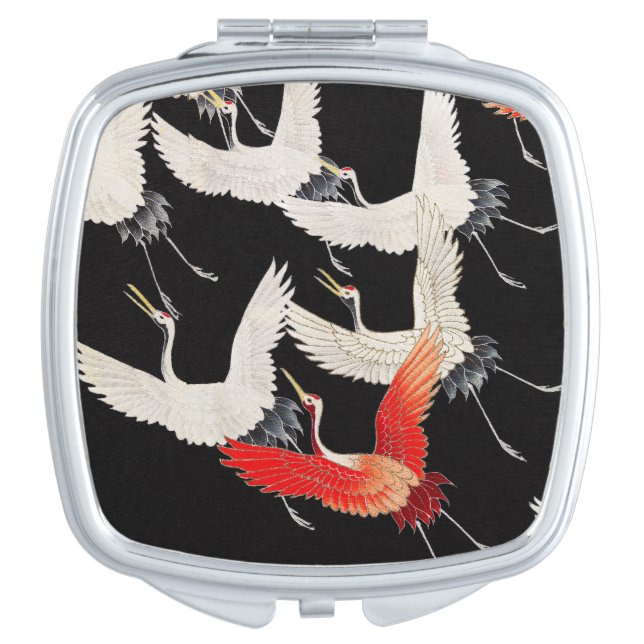 Flying Cranes: Japanese Bird Kimono Art Compact Mirror (Front)