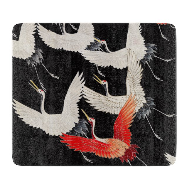 Flying Cranes: Japanese Bird Kimono Art Cutting Board (Front)