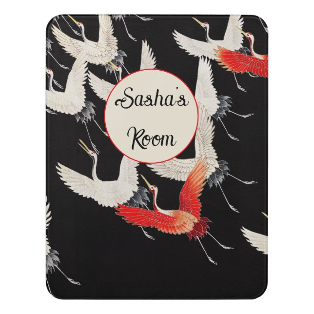 Flying Cranes: Japanese Bird Kimono Art Door Sign (Contemporary Vert)