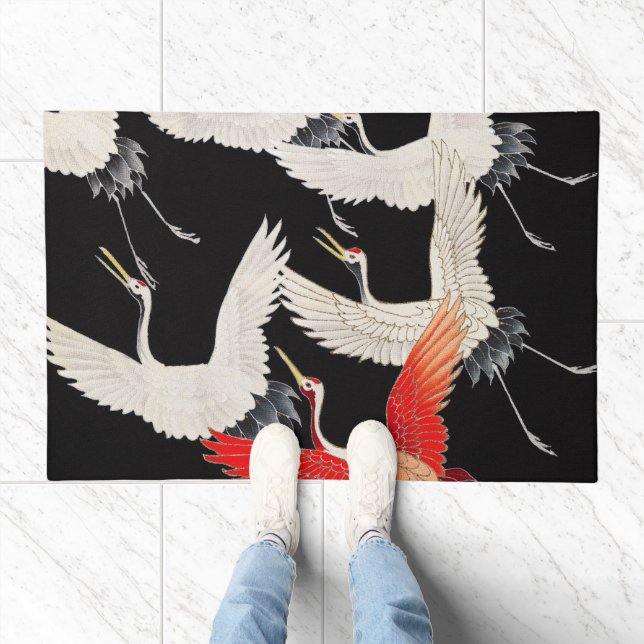 Flying Cranes: Japanese Bird Kimono Art Doormat (Indoor)