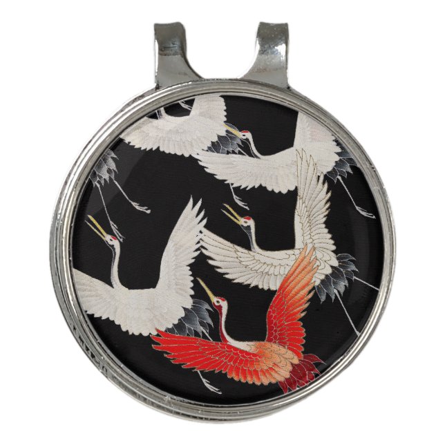 Flying Cranes: Japanese Bird Kimono Art Golf Hat Clip (Front)