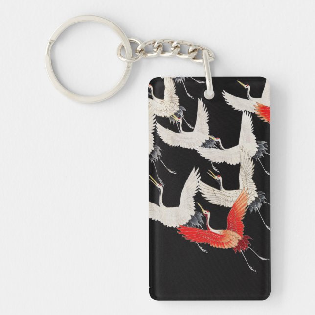 Flying Cranes: Japanese Bird Kimono Art Keychain (Front)