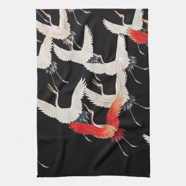 Flying Cranes: Japanese Bird Kimono Art Kitchen Towel (Vertical)