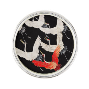 Flying Cranes: Japanese Bird Kimono Art Lapel Pin