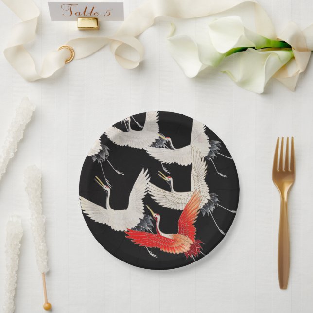 Flying Cranes: Japanese Bird Kimono Art Paper Plates (Wedding)