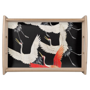 Flying Cranes: Japanese Bird Kimono Art Serving Tray