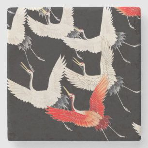 Flying Cranes: Japanese Bird Kimono Art Stone Coaster