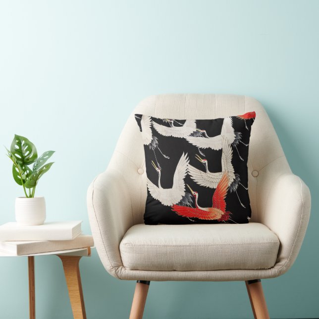 Flying Cranes: Japanese Bird Kimono Art Throw Pillow (Chair)