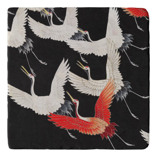 Flying Cranes: Japanese Bird Kimono Art Trivet (Front)