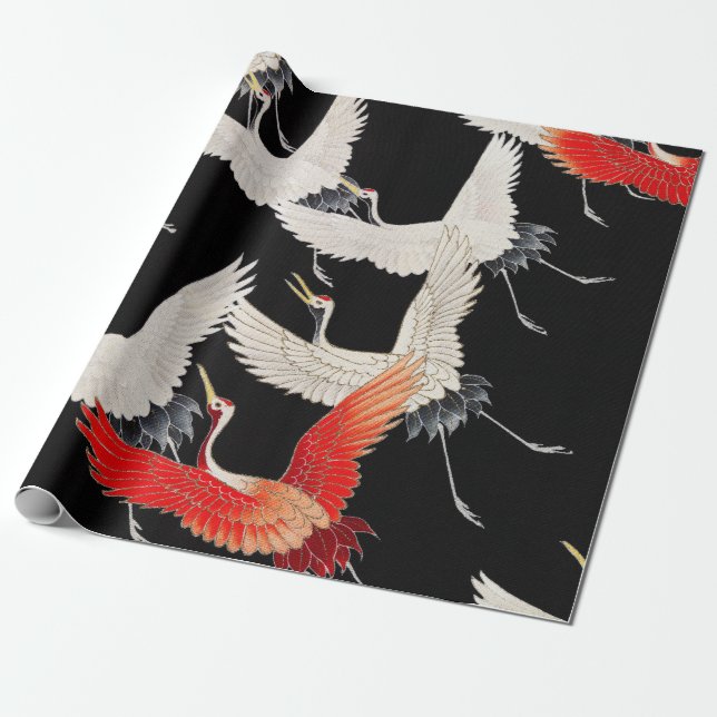 Flying Cranes: Japanese Bird Kimono Art Wrapping Paper (Unrolled)