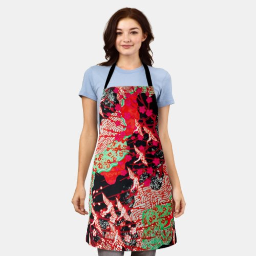 FLYING CRANES SPRING FLOWERS Red Japanese Floral  Apron