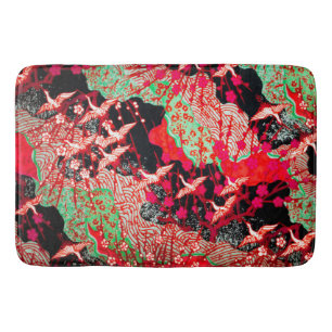 FLYING CRANES ,SPRING FLOWERS Red Japanese Floral Bath Mat