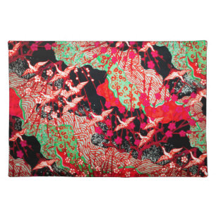 FLYING CRANES,SPRING FLOWERS Red Japanese Floral Cloth Placemat