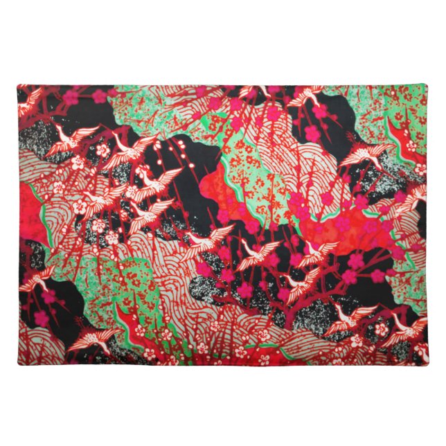 FLYING CRANES,SPRING FLOWERS Red Japanese Floral  Cloth Placemat (Front)