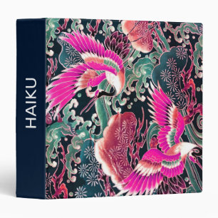 FLYING CRANES WAVES,FLOWERS Pink Japanese Floral 3 Ring Binder