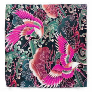 FLYING CRANES,WAVES,FLOWERS Pink Japanese Floral Bandana