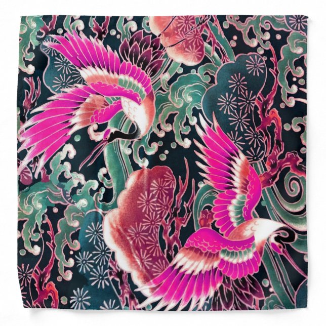 FLYING CRANES,WAVES,FLOWERS Pink Japanese Floral Bandana (Front)