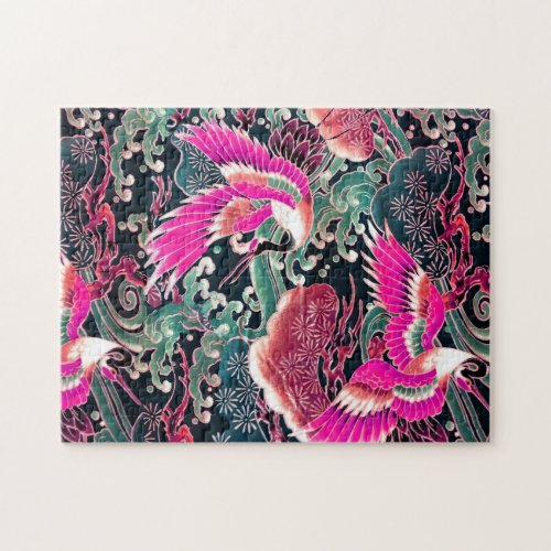 FLYING CRANESWAVESFLOWERS Pink Japanese Floral Jigsaw Puzzle