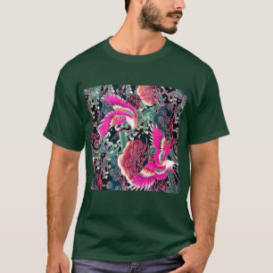 FLYING CRANES,WAVES,FLOWERS Pink Japanese Floral T-Shirt
