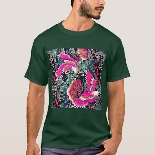 FLYING CRANESWAVESFLOWERS Pink Japanese Floral T_Shirt