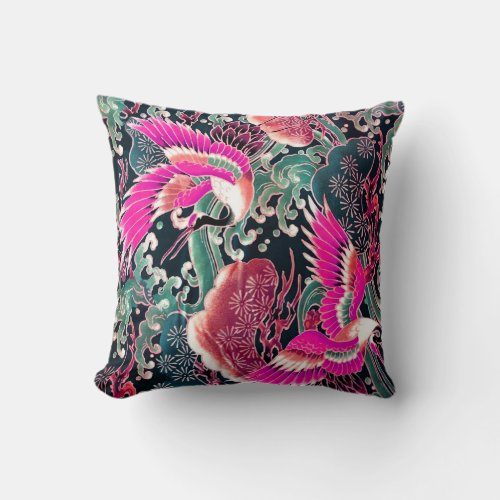 FLYING CRANESWAVESFLOWERS Pink Japanese Floral Throw Pillow